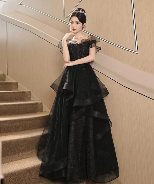 Elegant Black Tulle Puffy Bateau A-Line Long Prom Dress Birthday Dress YM2638
