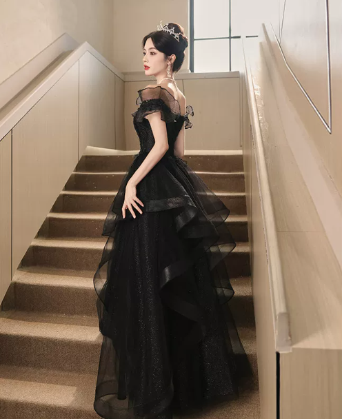 Elegant Black Tulle Puffy Bateau A-Line Long Prom Dress Birthday Dress YM2638