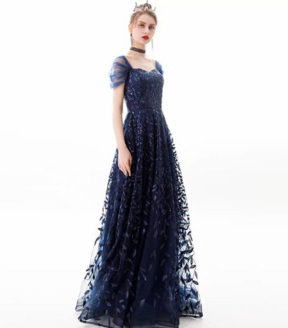 Elegant Navy Tulle Puffy Square-neck A-Line Long Prom Dress Birthday Dress YM2639