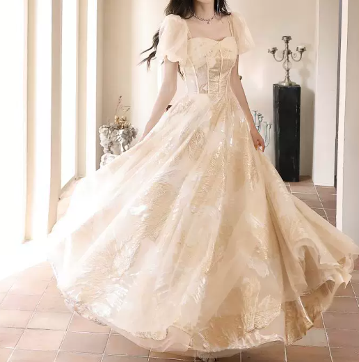 Sparkly Ivory Tulle Puffy Embroidered Square-neck A-Line Long Prom Dress Birthday Dress YM2641
