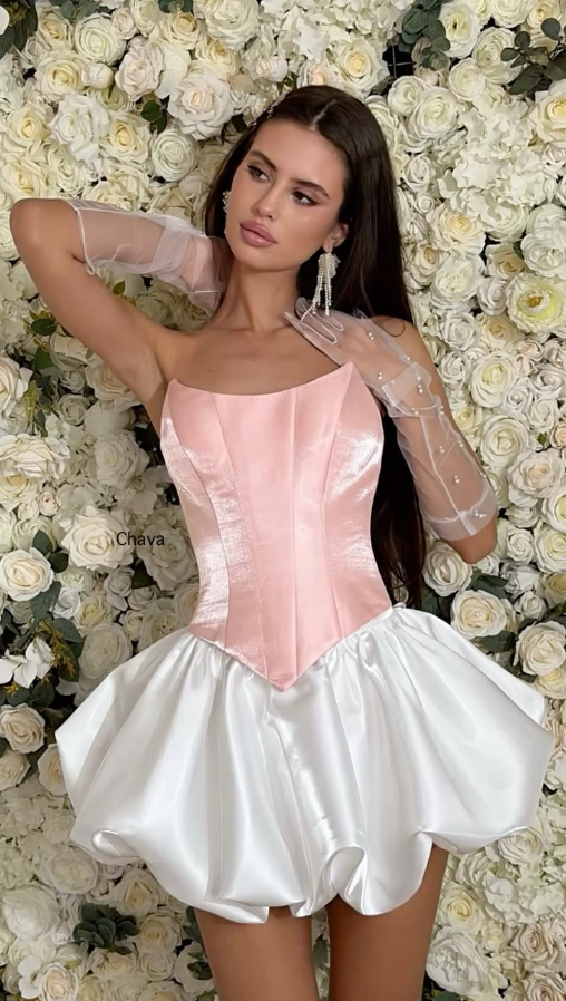 Sweet Pink and White Silky Strapless A-Line Short Prom Dress Birthday Dress YM2545