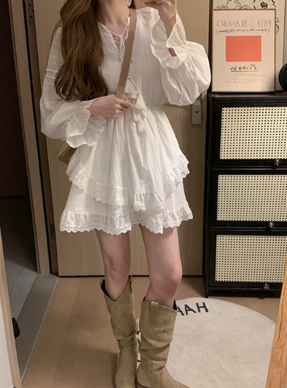Pretty White Lace Trim Tiered Portrait A-Line Maxi Women Dress Holiday Dress YM2731
