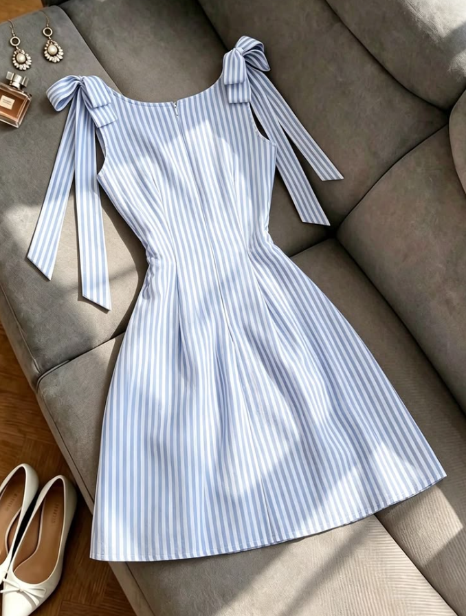 Minimalist Blue Striped Spaghetti Straps A-Line Short Prom Dress Party Dress YM2535