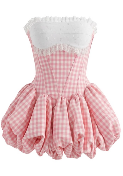 Cute Pink Plaid Puffy Strapless A-Line Short Prom Dress Party Dress YM2536