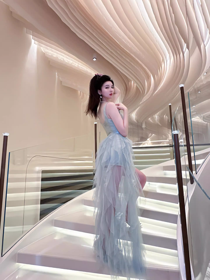 Light Green Brithday Dress Irregular Tulle Prom Dress With Train YM1641