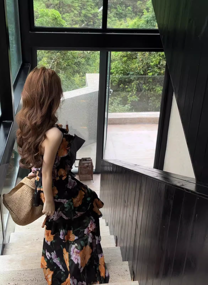 Suspender Prom Dress New Retro Floral Dress Irregular Long Dress YM1638