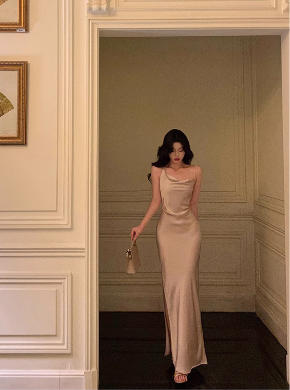 Classy Suspender Dress Slit Satin Champagne Long Party Dress YM1675