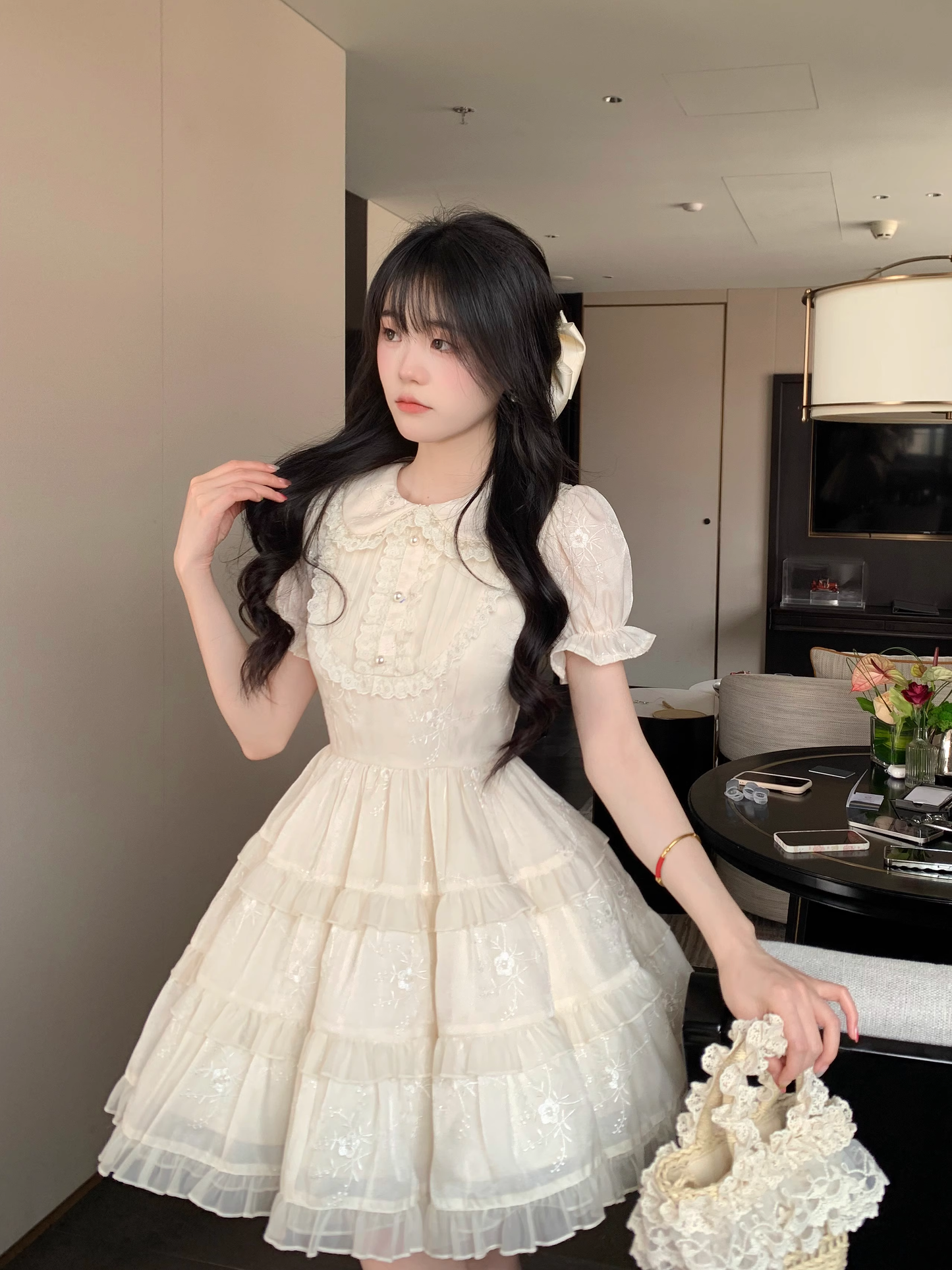 Sweet Apricot And Age-Reducing Doll Collar Pearl Lace Cake Dress Princess Dress YM2030