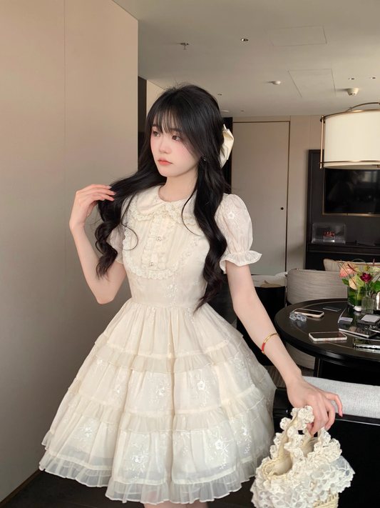 Sweet Apricot And Age-Reducing Doll Collar Pearl Lace Cake Dress Princess Dress YM2030