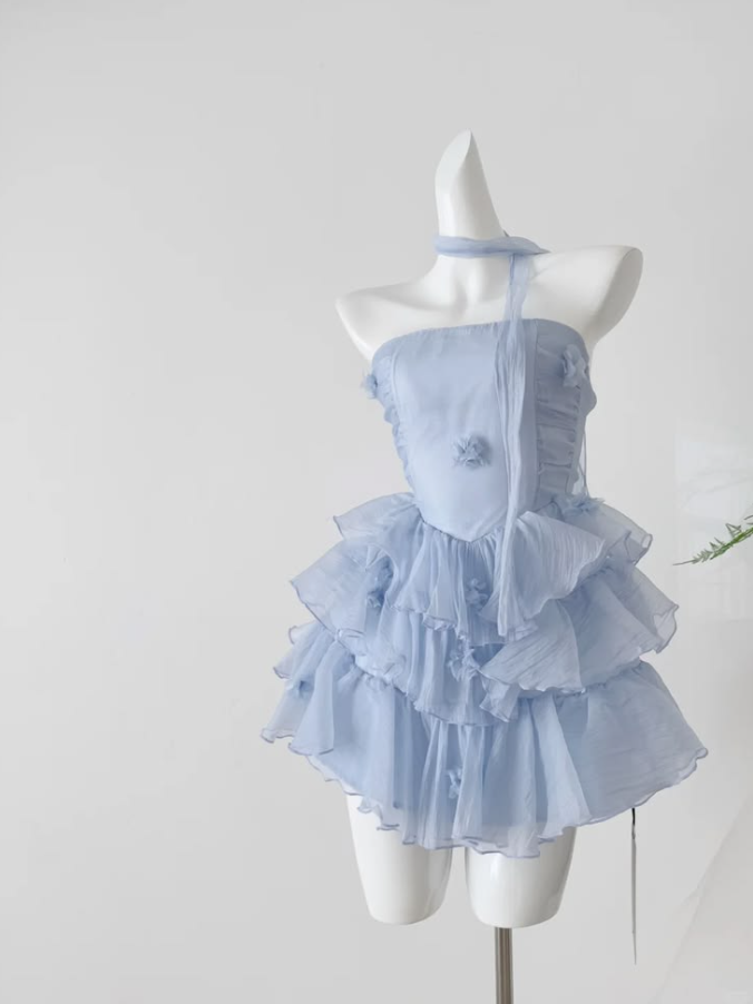 Dreamy Pale Blue Chiffon Ruffled Strapless A-Line Short Prom Dress Birthday Dress YM2548