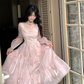 Pink French Square Neck Long Dress Fairy Glossy  Party Dress Prom Dress YM2027