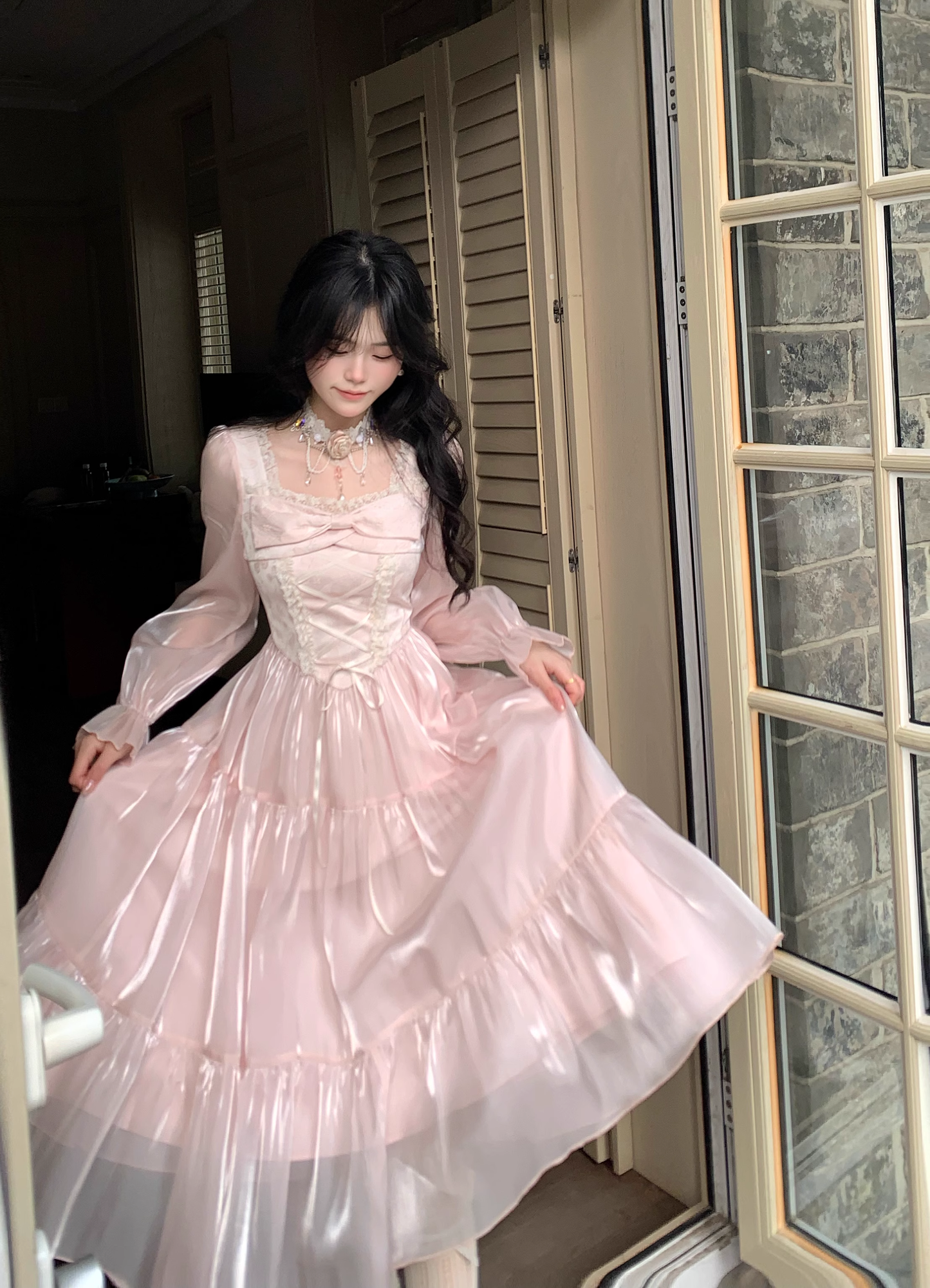Pink French Square Neck Long Dress Fairy Glossy  Party Dress Prom Dress YM2027