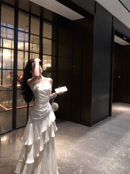 White Suspender Holiday Dress Ruffled Mermaid Long Birthday Dress YM2331