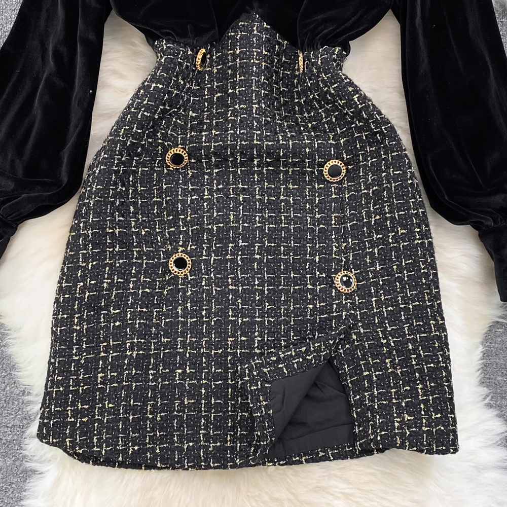 Autumn and winter retro velvet a-line vocation dress YM814