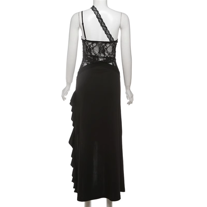 Sexy Spaghetti Straps Black Lace Slit Ruffle Party Dress Birthday Outfits YM2198