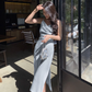 Blue satin suspender long party dress birthday dress YM1947