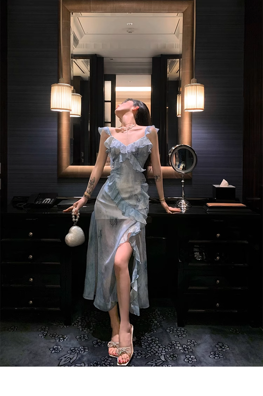 Classy Blue Chiffon Ruffles Slit Party Evening Dress YM2006