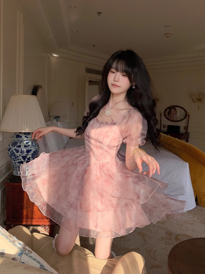 Sweet Pink Princess Organza Splicing Tie Waist Printed Puffy Prom Dress Birthday Party Dress YM2046