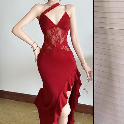 Sexy Spaghetti Straps Black Lace Slit Ruffle Party Dress Birthday Outfits YM2198
