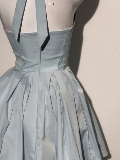 Blue Halter Neck A Line Short Birthday Dress Homecoming Dress YM2070
