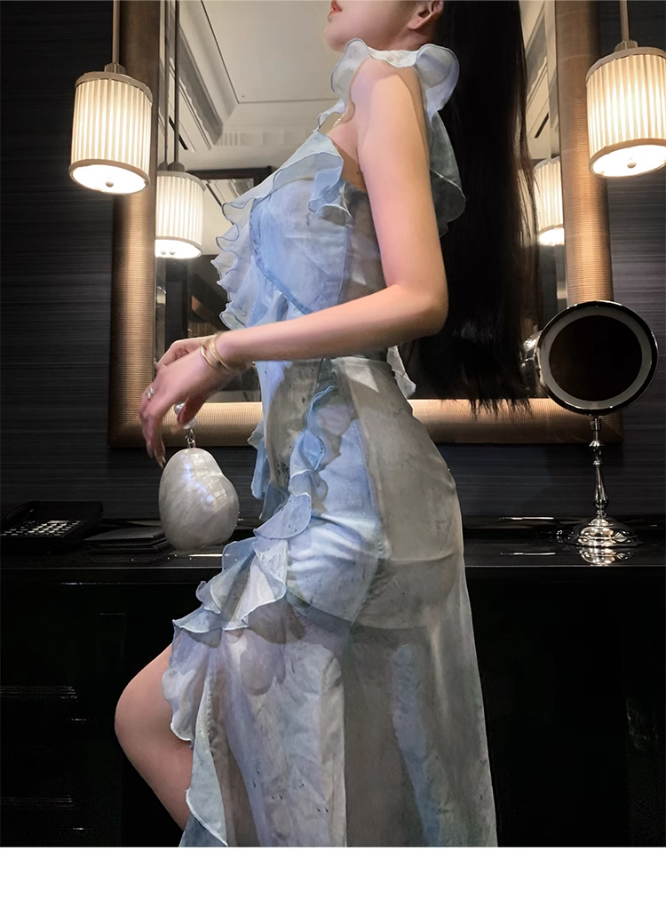 Classy Blue Chiffon Ruffles Slit Party Evening Dress YM2006