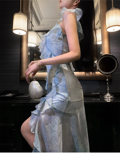 Classy Blue Chiffon Ruffles Slit Party Evening Dress YM2006