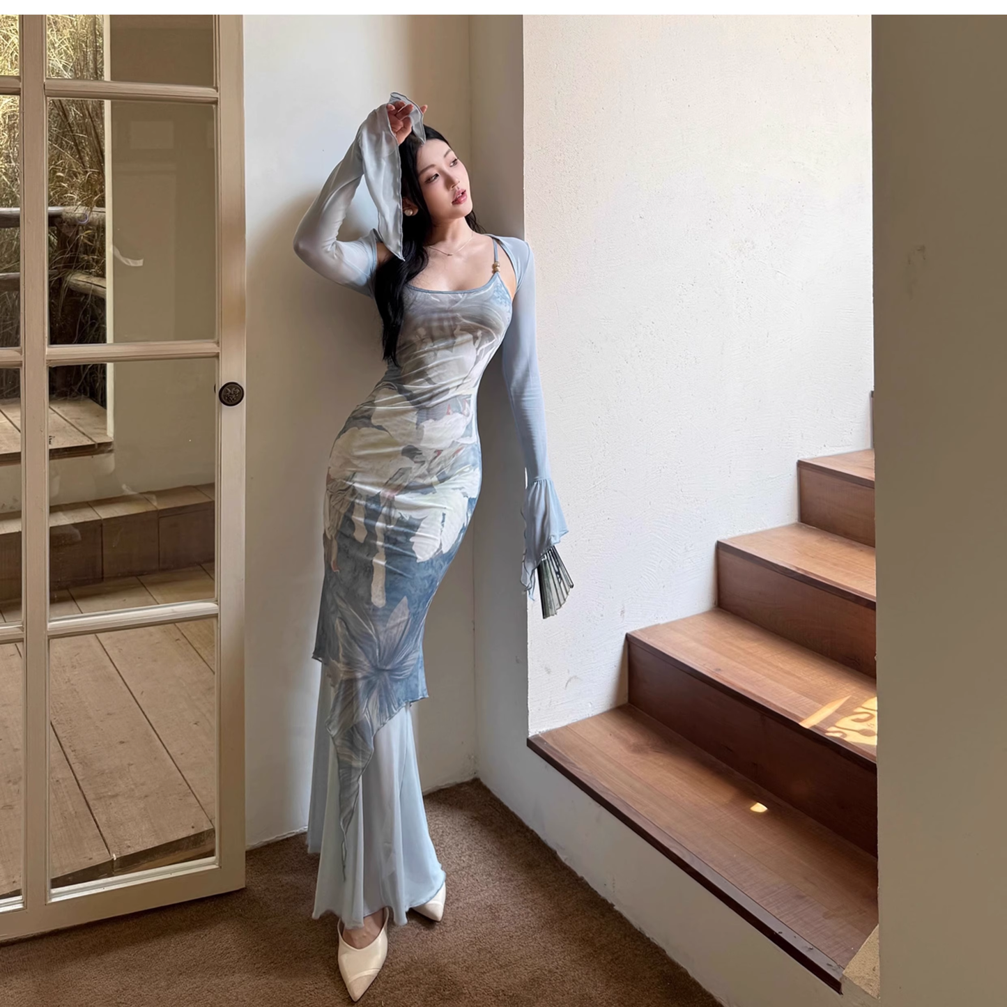 Elegant Blue Print Floral Straps Sheath Long Vacation Dress Holiday Dress Two Piece YM2274