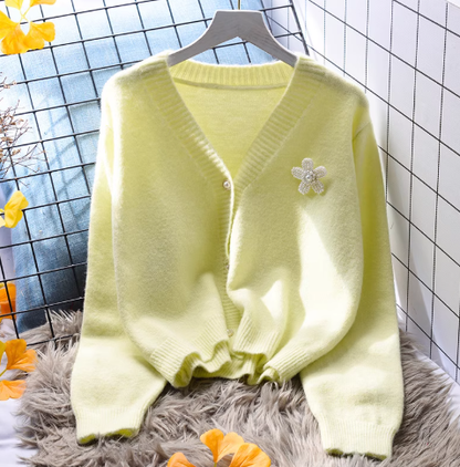 Yellow Small Fresh Short Sweater Jacket Spring Korean Style Outerwear Knitted Cardigan YM2366