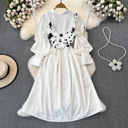 Spring and autumn lantern long-sleeved a-line shirt dress two-piece fishbone vest   YM999