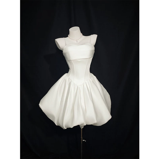 Classy White Spaghetti Straps Satin Short Birthday Dress YM2457