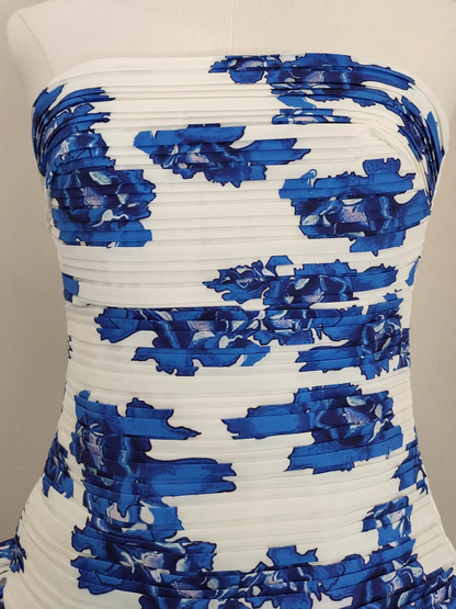 Blue Printed Floral Strapless Mini Party Dress Birthday Outfits YM2100