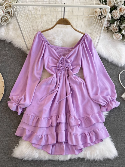 Lantern long-sleeved V-neck mid-length a-line dress YM905