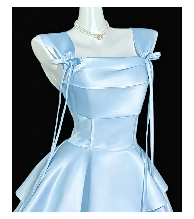 Blue Satin A Line Short Birthday Dress Vacation Dress YM2456