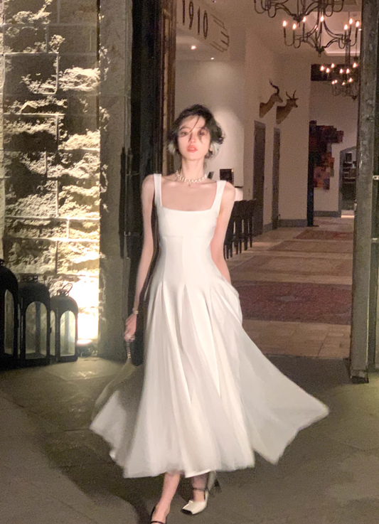 White Suspender Dress Net Gauze Fluffy Fairy Long Prom Dress YM2062