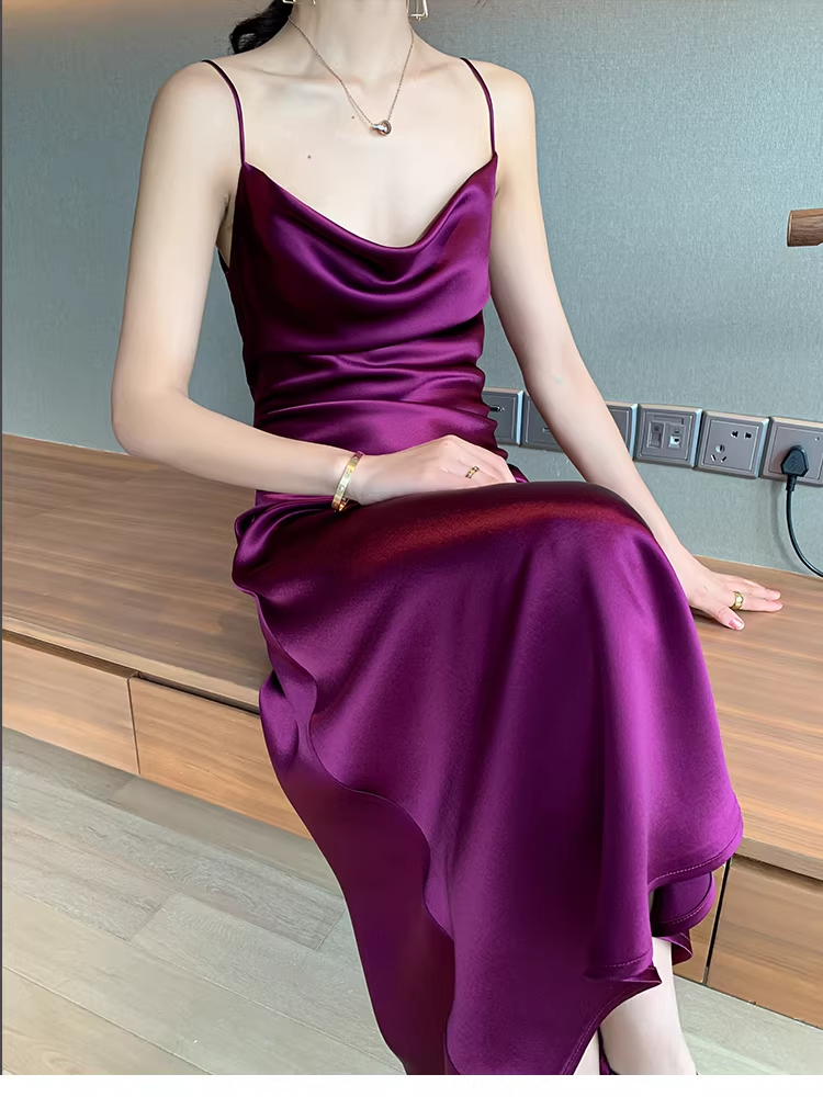 Pretty Purple Spaghetti Straps Satin Long Birthday Party Dress YM2441