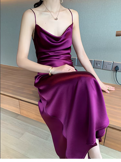 Pretty Purple Spaghetti Straps Satin Long Birthday Party Dress YM2441