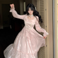 Pink French Square Neck Long Dress Fairy Glossy  Party Dress Prom Dress YM2027