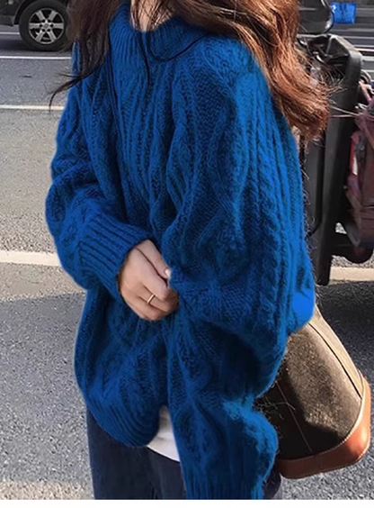 Klein Blue Retro Cable Knit Sweater Thickened Loose Knitwear YM2416