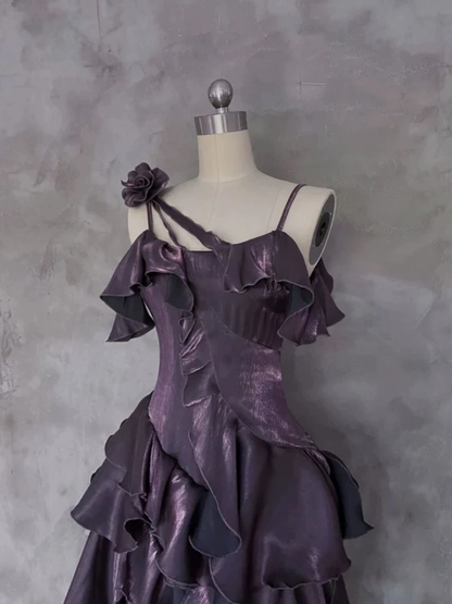 Irregular Ruffled Suspender Prom Dress Dark Purple Long Birthday Dress YM1629