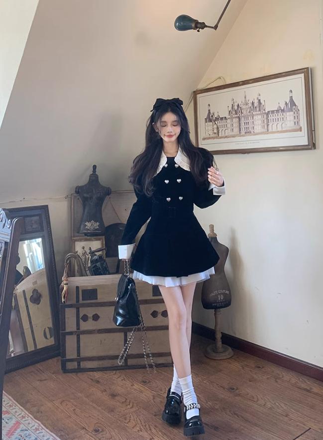 Women's Autumn Long-Sleeved Black Velvet Mini Dress Birthday Outfits YM1753