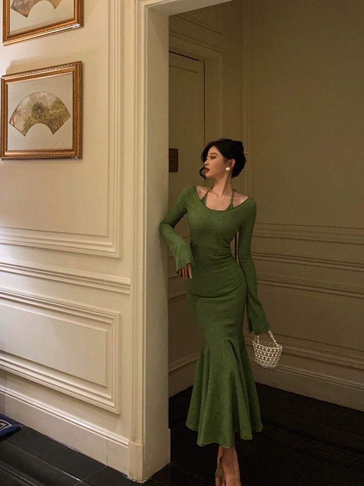 Halter Green Mermaid Party Dress For Women New Style Dress YM1597