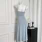 Sling Dress New Style Waist Slimming Blue Dress With Flowers YM1772