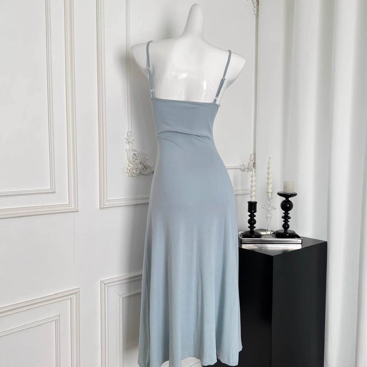 Sling Dress New Style Waist Slimming Blue Dress With Flowers YM1772