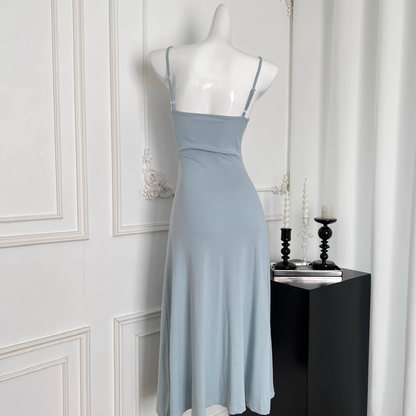 Sling Dress New Style Waist Slimming Blue Dress With Flowers YM1772