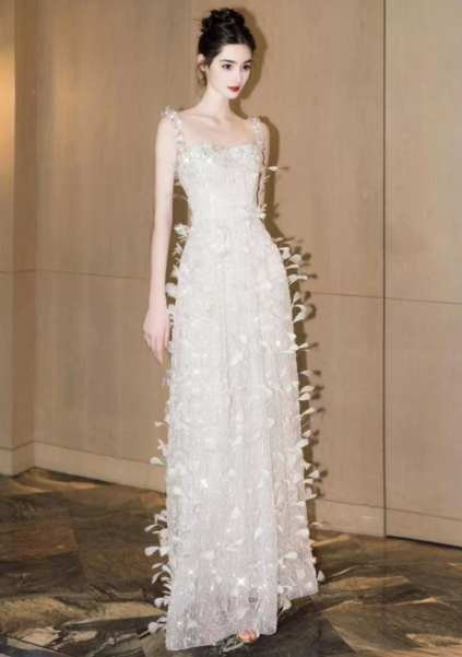 Clean White Tulle Feather Decor Spaghetti Straps A-Line Long Prom Dress Birthday Dress Ball Gown YM2688