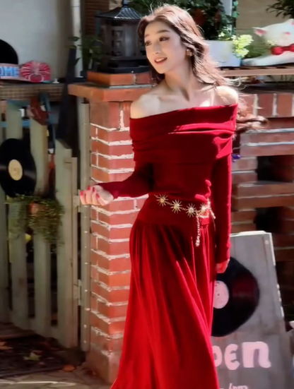 Vibrant Red Flowy Bateau A-Line Maxi Women Dress Holiday Dress YM2718