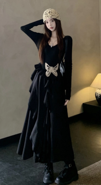 Minimalist Black Pleated Bow Decor Jewel A-Line Maxi Women Dress Holiday Dress YM2708