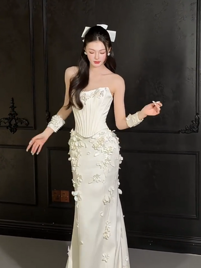 Elegant White Silky Feather Decor Strapless A-Line Long Prom Dress Birthday Dress Ball Gown YM2694