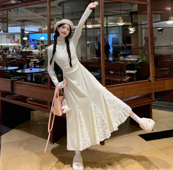 Clean White Lace Trim High Collar A-Line Maxi Women Dress Holiday Dress YM2743