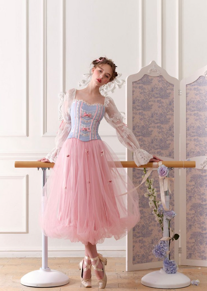 Elegant Pale Blue Sleeves Embroidered Sweetheart A-Line Long Prom Dress Birthday Dress YM2615